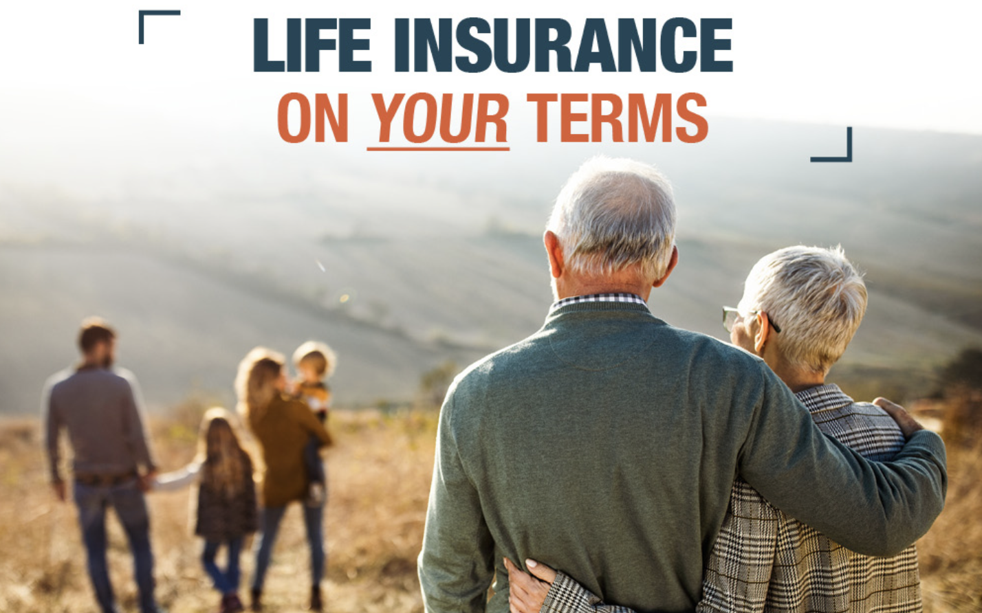 Life insurance on your terms. An older couple stands with a family in a field.