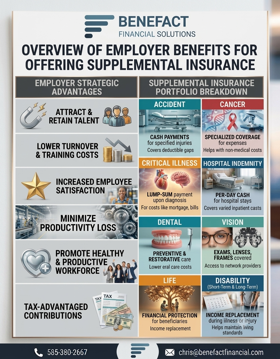 Overview of employer benefits for offering supplemental insurance, including talent, turnover, satisfaction, productivity, and tax-advantaged contributions, plus accident, cancer, critical illness, hospital indemnity, dental, vision, life, and disability.