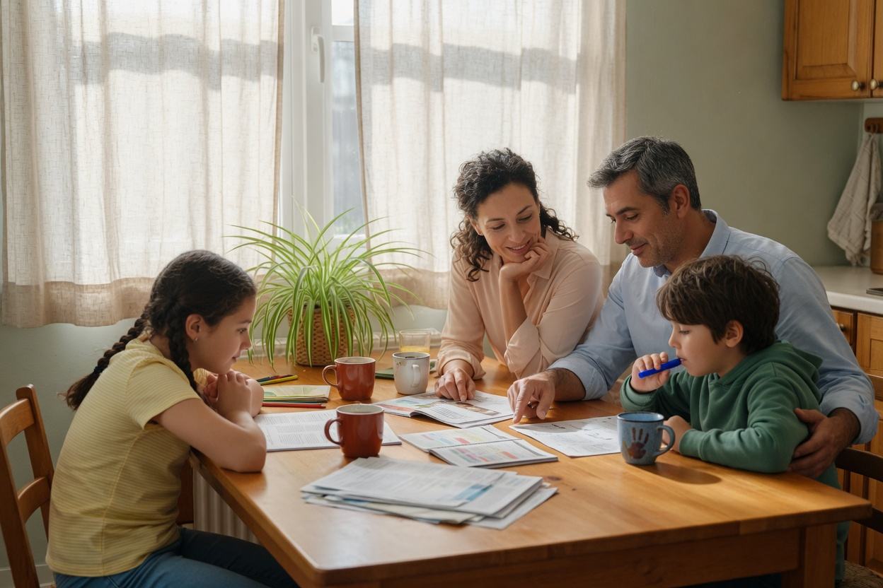 A family reviewing paperwork together at the kitchen table