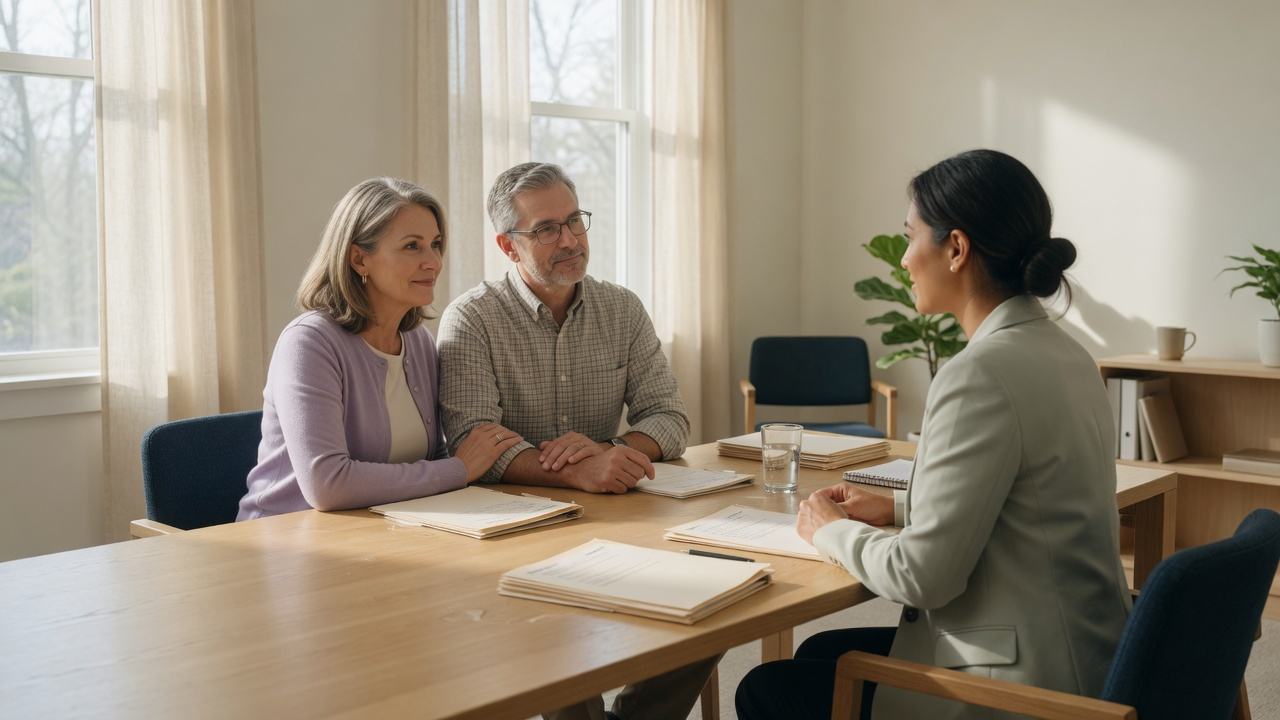 Advisor meeting with clients at a bright office table