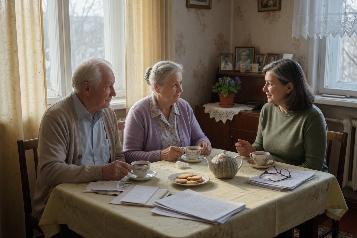 An older couple talking with their daughter over tea