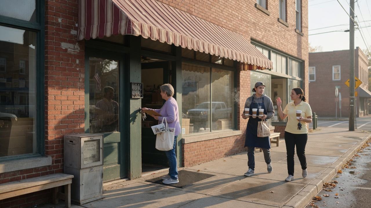 Small business owner opening a neighborhood shop in the morning
